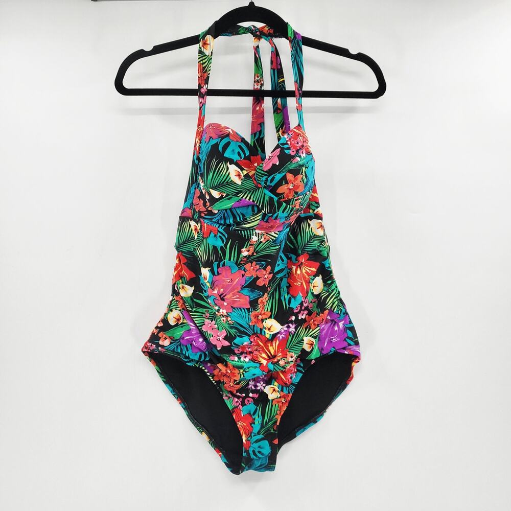 Catalina Multicolor Tropical Floral Print Halterneck Swimsuit Women's Size L